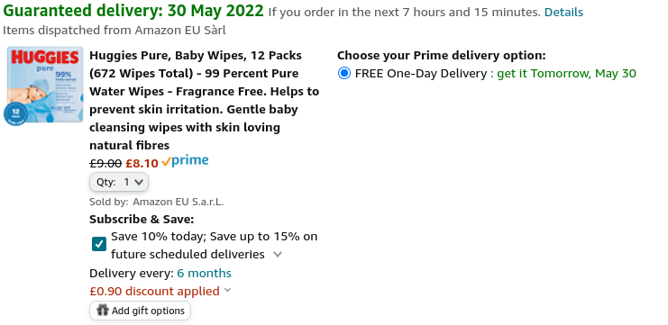 Huggies Pure, Baby Wipes, 12 Packs £8.10 @ Amazon