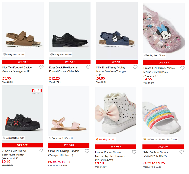 Screenshot of 30% off kids' footwear at Matalan