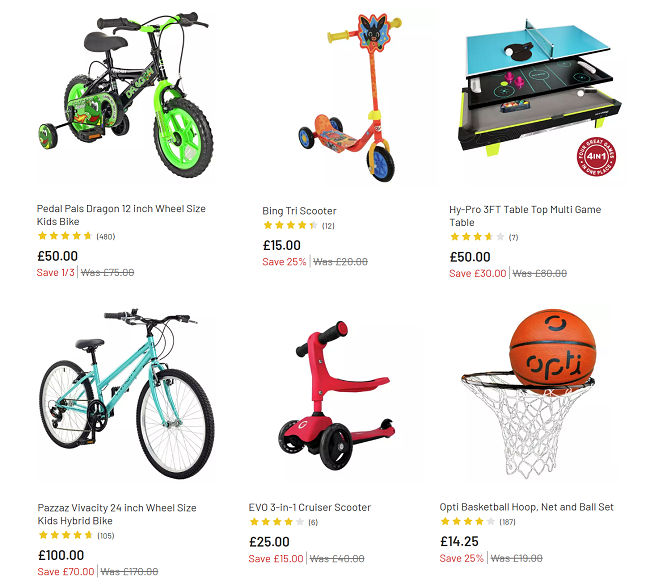 Screenshot of outdoor and sports toys sale at Argos