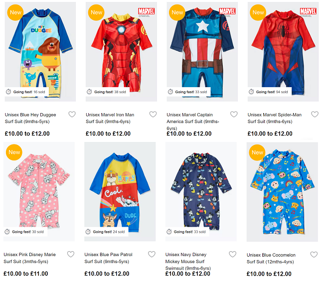 Screenshot of Kids Character Surf Suits from Matalan