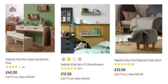 Screenshot of half price kids furniture at Argos