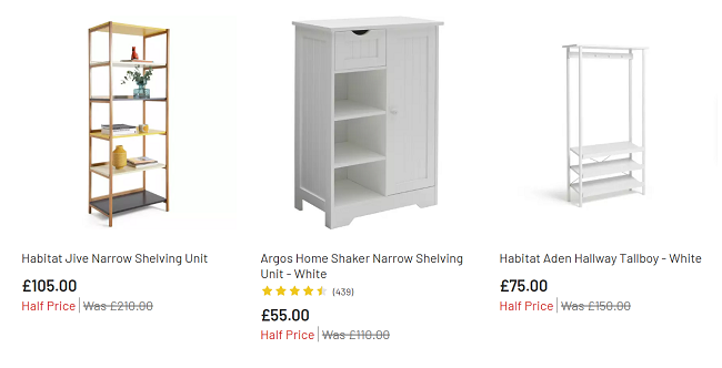 Screenshot of reduced storage at Argos