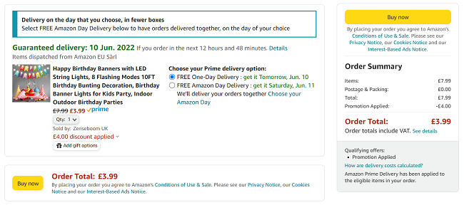Screenshot showing 10ft Happy Birthday Banner With LED Flashing Lights £3.99 With Voucher at Amazon
