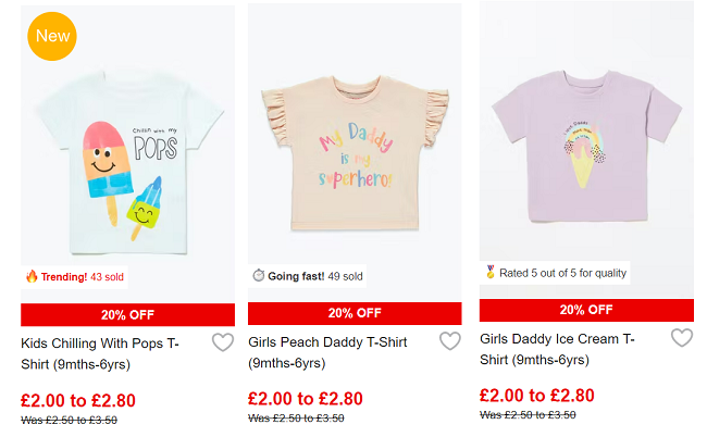 Screenshot of Father's Day T-shirts reduced at Matalan