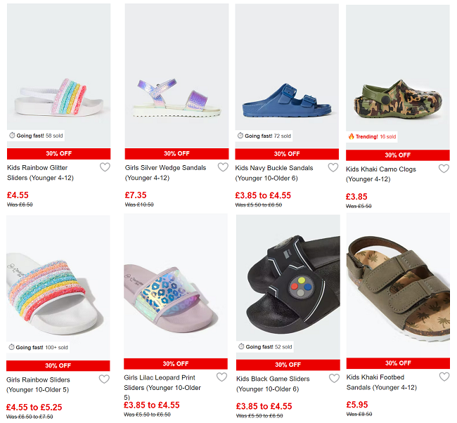 Screenshot of kids footwear from Matalan