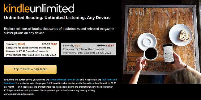 Screenshot of Kindle Unlimited 3 months free offer at Amazon