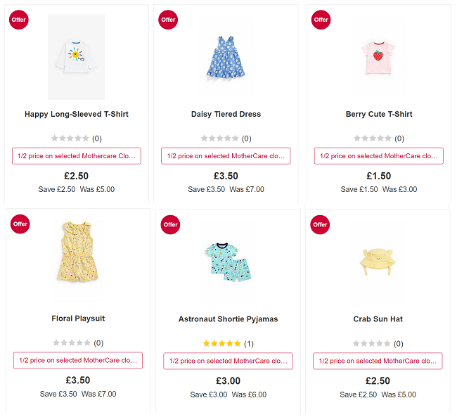 Screenshot of half price Mothercare clothing at Boots