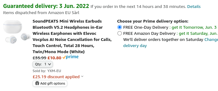 SoundPEATS Mini Wirelss Earbuds Bluetooth V5.2 Headphones £10.80 (using voucher) @ Amazon/YXM-EU