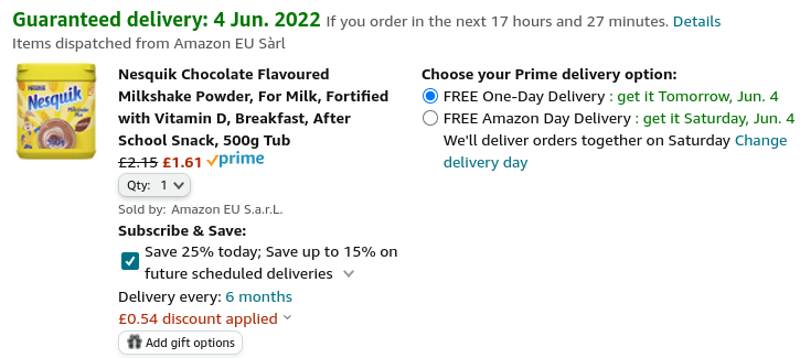 Nesquik Chocolate Flavoured Milkshake Powder 500g £1.64 With Voucher @ Amazon