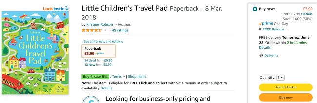 Screenshot showing Usborne Little Children's Travel Pad for £3.99 at Amazon