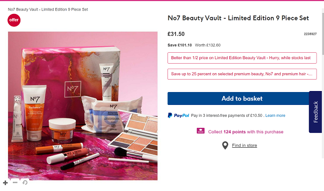 Screenshot of No7 Beauty Vault Limited Edition 9 Piece Set for £31.50 at Boots
