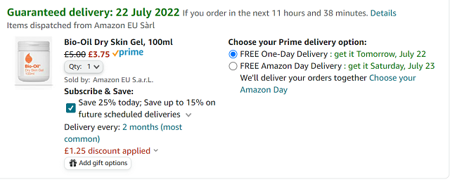 Screenshot of Bio-Oil Dry Skin Gel 100ml for £3.75 at Amazon