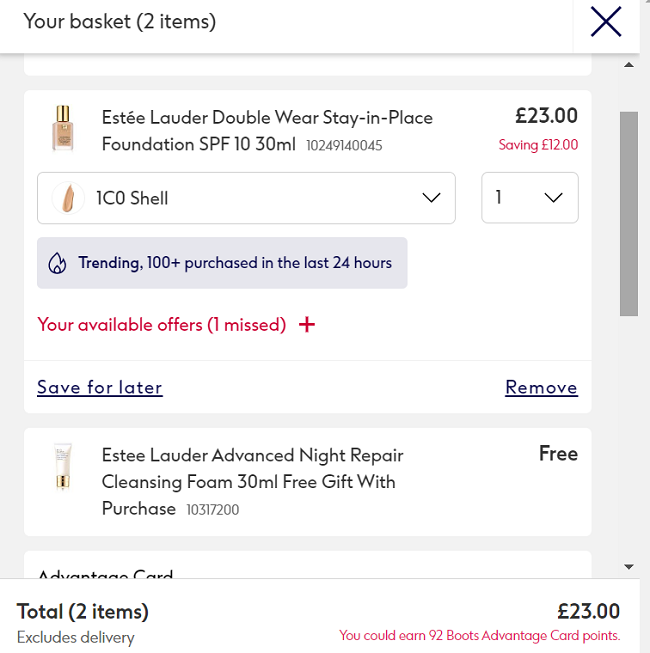 Screenshot of Estée Lauder Double Wear Stay-in-Place Foundation SPF 10 30ml £23 + Free Gift at Boots