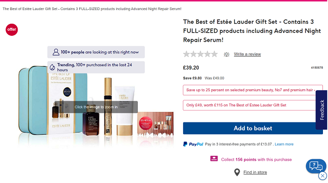 Screenshot of The Best of Estée Lauder Gift Set offer at Boots