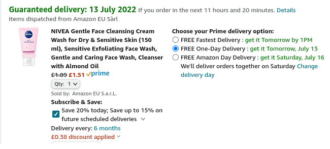 Screenshot showing NIVEA Gentle Face Cleansing Cream Wash for Dry & Sensitive Skin 150ml for £1.51 at Amazon