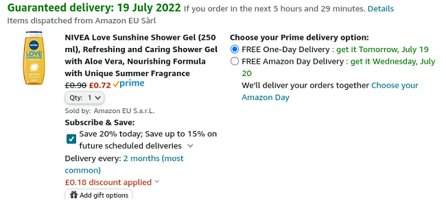 Screenshot showing Nivea Love Sunshine Shower Gel 250ml for 72p at Amazon