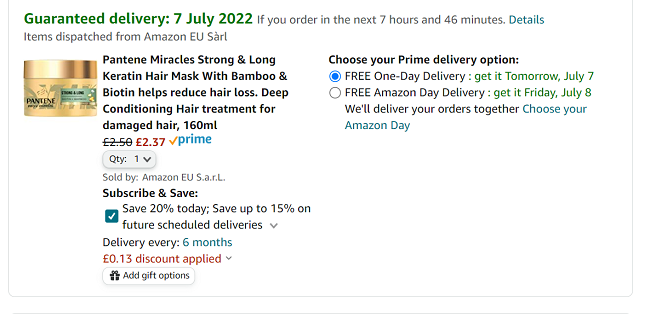 Screenshot showing Pantene Miracles Strong & Long Keratin Hair Mask for £2.38 at Amazon