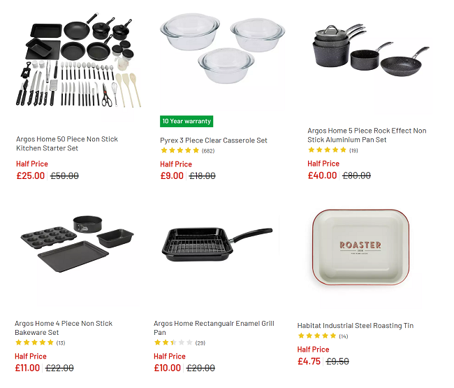 Screenshot of reduced cookware at Argos
