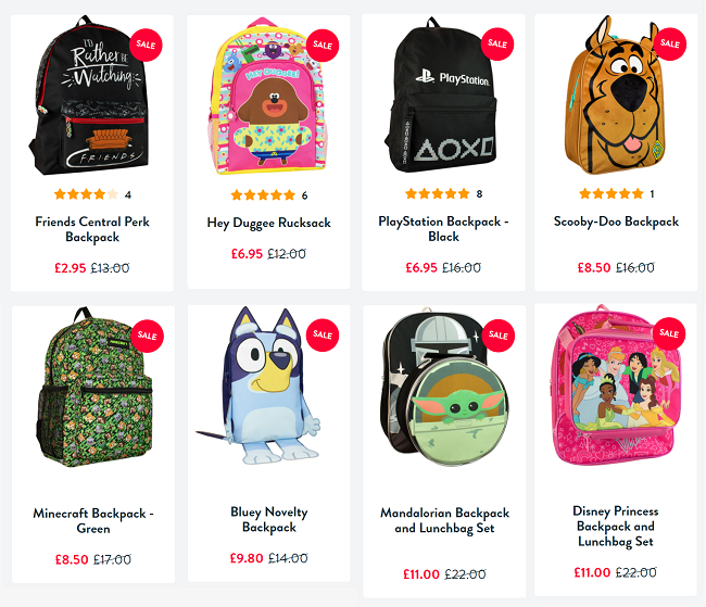 Screenshot of kids backpacks from Character