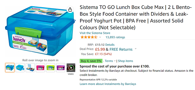 Screenshot of Sistema TO GO Lunch Box Cube Max £5.99 at Amazon