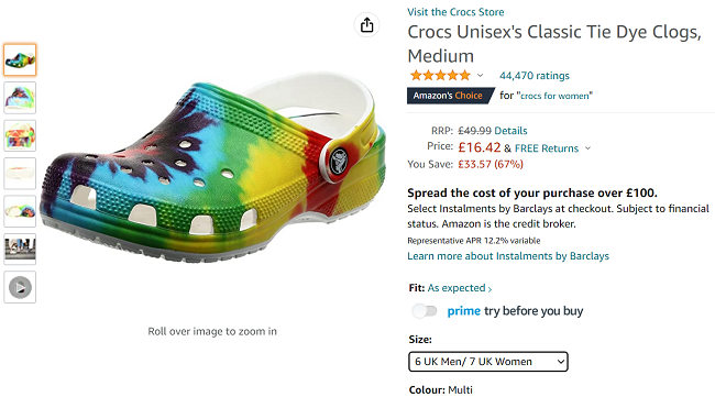 Screenshot of Crocs Unisex Classic Tie Dye Clogs from £16.42 at Amazon