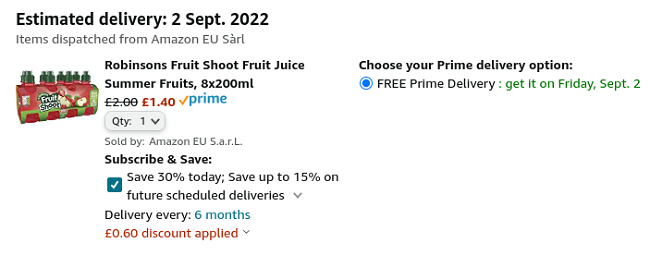 Screenshot of Robinsons Fruit Shoot Summer Fruits 8x200ml £1.40 at Amazon