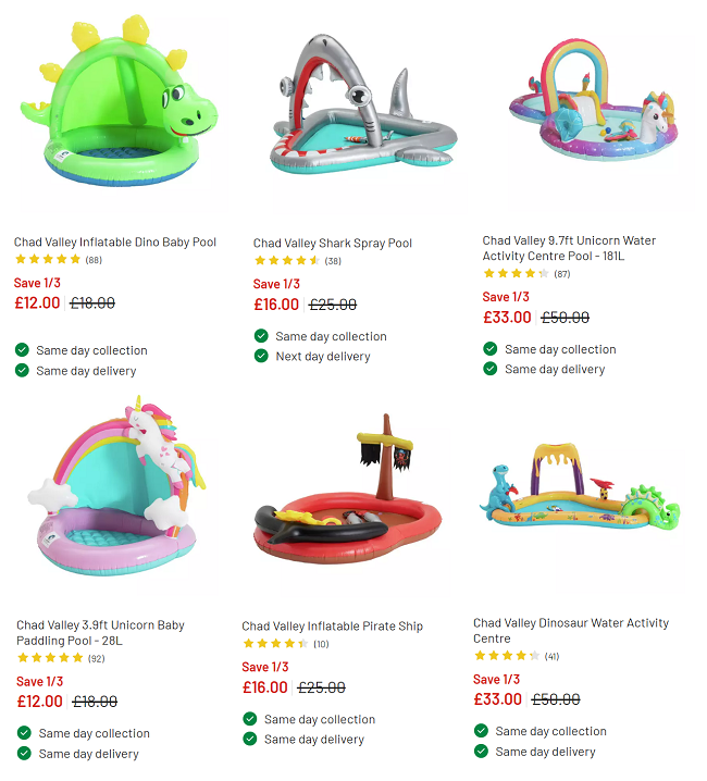 Screenshot of pools at Argos