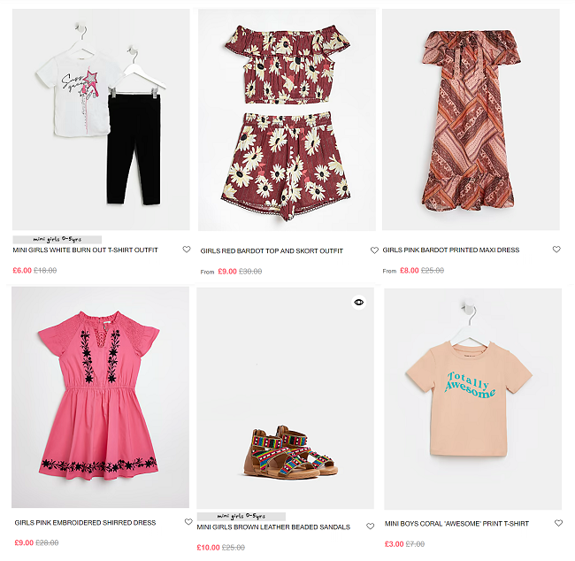 Screenshot of kids' sale items at River Island
