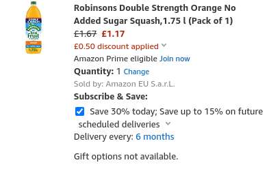 Robinsons Fruit Squash Orange/Orange & Pineapple 1.75L From £1.17 @ Amazon