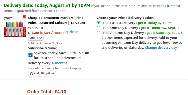 TWO Sharpie 12 Pack Fine Point Permanent Markers £4.10 @ Amazon