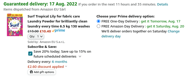 Screenshot of Surf Tropical Lily & Ylang-Ylang 6.5 kg 130 Washes £10.40 at Amazon