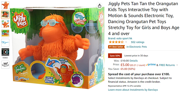 Screenshot of Jiggly Pets Tan Tan the Orangutan for £5 at Amazon
