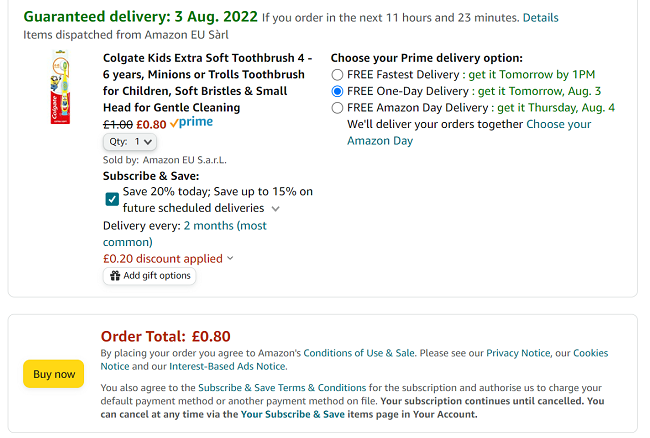 Screenshot showing Colgate Extra Soft Toothbrush for Kids 4 - 6 years, Minions or Trolls From 80p @ Amazon