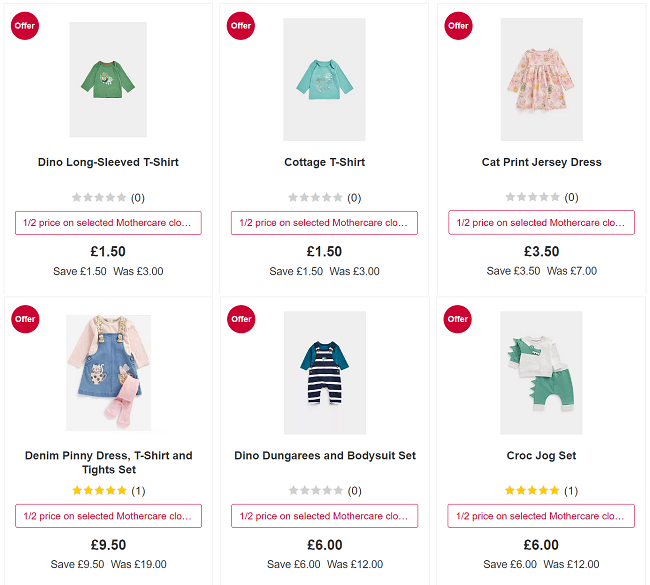 Screenshot of Mothercare clothing sale at Boots
