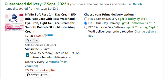 Screenshot of Nivea Soft Rose Care Moisturising Gel Cream for £2.25 at Amazon