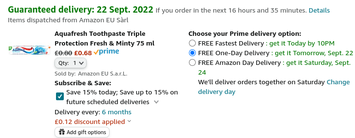 Aquafresh Toothpaste Triple Protection Fresh & Minty 75ml 68p @ Amazon
