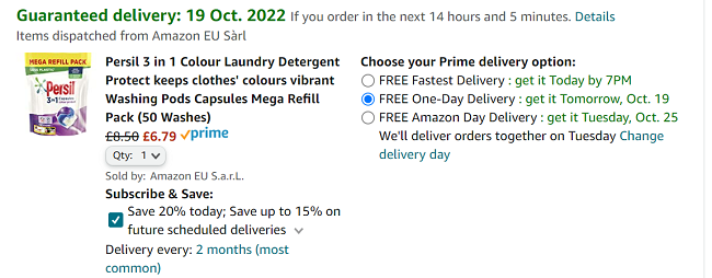 Screenshot showing Persil 3 in 1 Colour Protect Laundry Washing Capsules 50 Wash £6.79 at Amazon