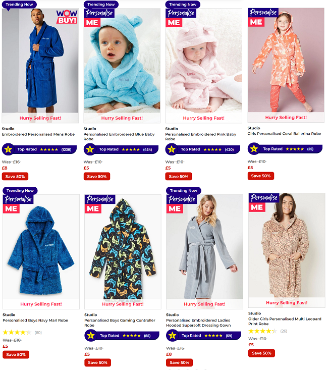 Screenshot of 50% Off Personalised Robes offer at Studio