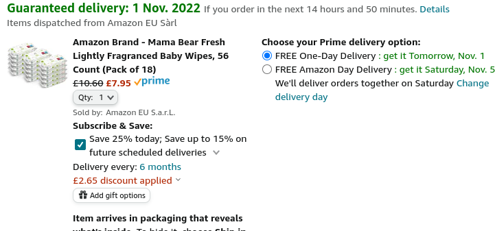 Pack Of 18 Mama Bear Fresh Lightly Fragranced Baby Wipes From £7.73 @ Amazon