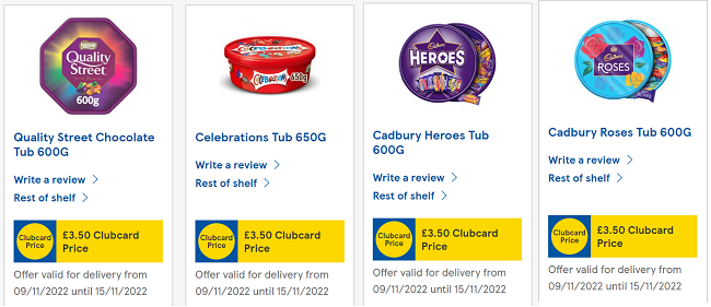 Screenshot of chocolate tubs offer at Tesco