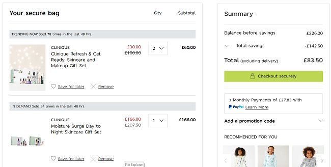 Screenshot of Clinique glitch at Marks and Spencer