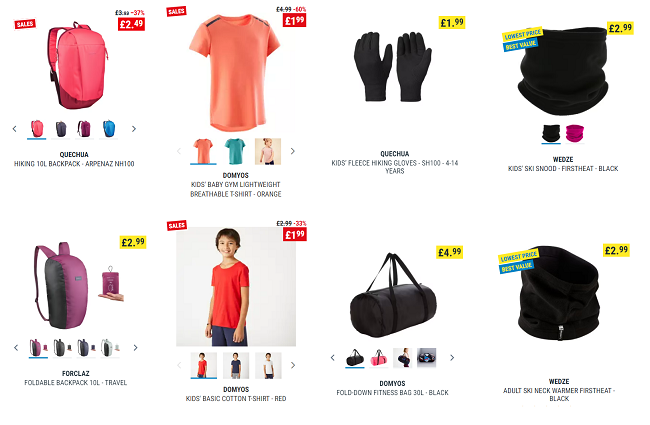 Screenshot of sale items at Decathlon