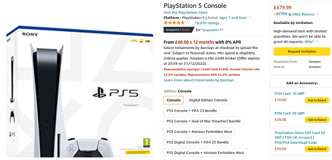 Screenshot of PS5 invitation at Amazon