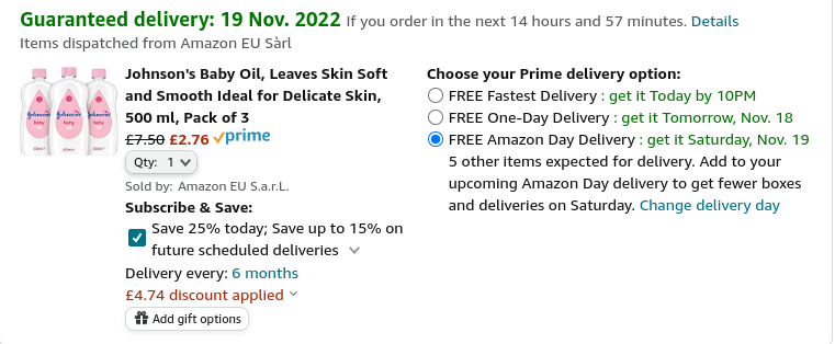 Johnson's Baby Oil 500ml Pack Of 3 £2.22 @ Amazon