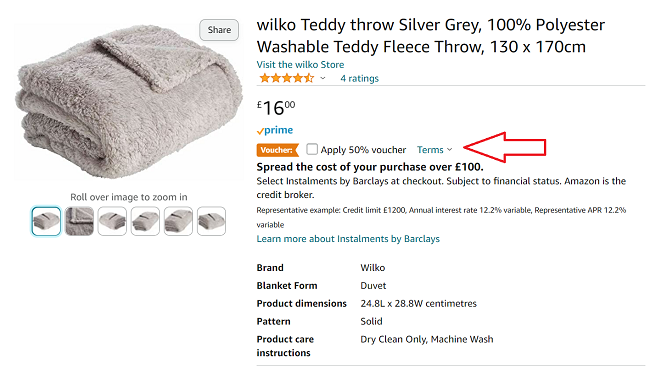 Screenshot of Wilko Teddy Throw Silver Grey £8 at Amazon