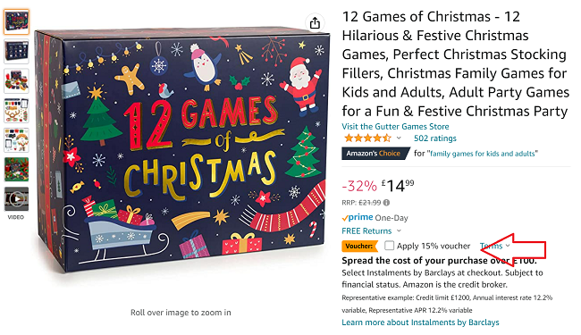 Screenshot showing 12 Games Of Christmas £12.74 with voucher at Amazon
