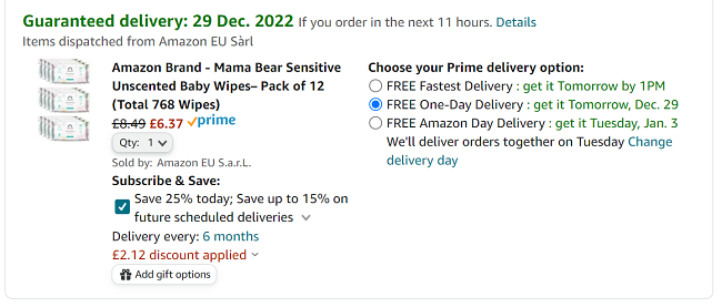 Screenshot showing Mama Bear Sensitive Unscented Baby Wipes Pack of 12 for £6.37 at Amazon