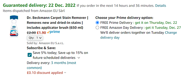 Screenshot of Dr. Beckmann Carpet Stain Remover for £1.90 at Amazon