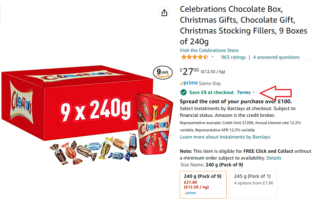 Screenshot of Celebrations 9 Boxes of 240g for £18 at Amazon
