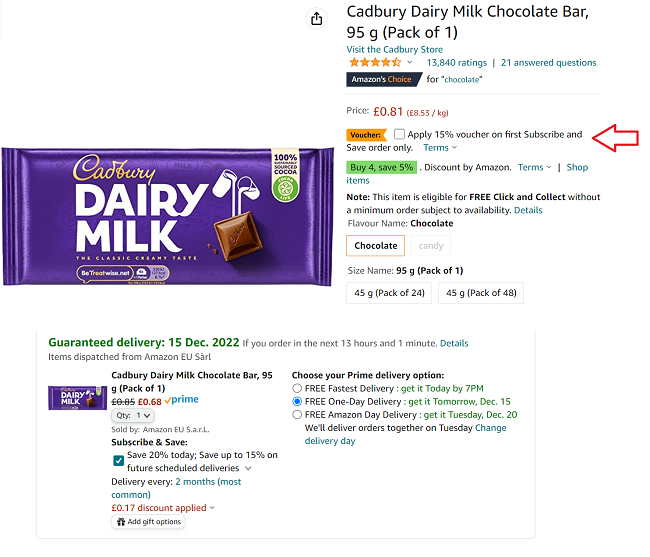 Cadbury Dairy Milk Chocolate Bar 95g 68p Amazon